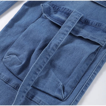High Waist Cargo Denim Jeans With Full Rhinestones Sparkling Casual Baggy Pants Streetwear Chic Daily Trousers