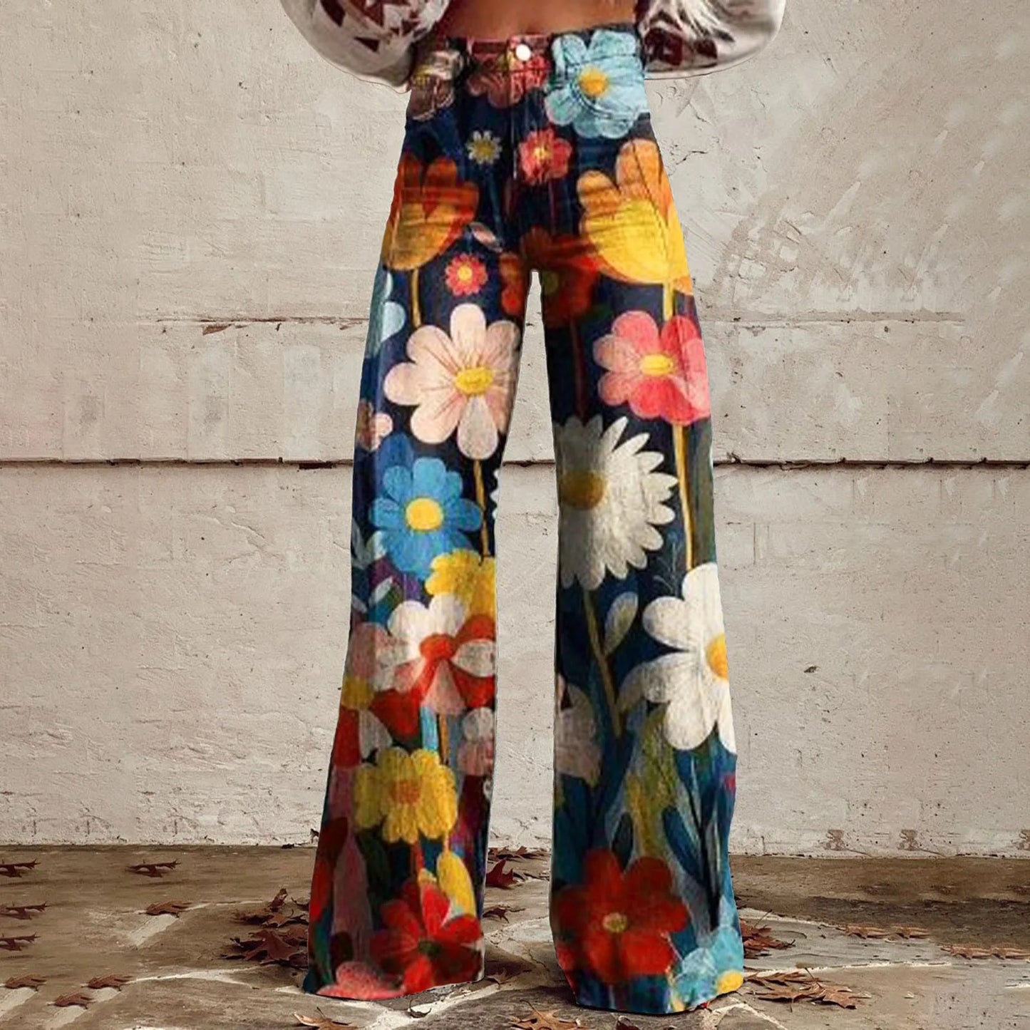 Wide Leg Jeans High Waisted Casual Floral Printed Trousers