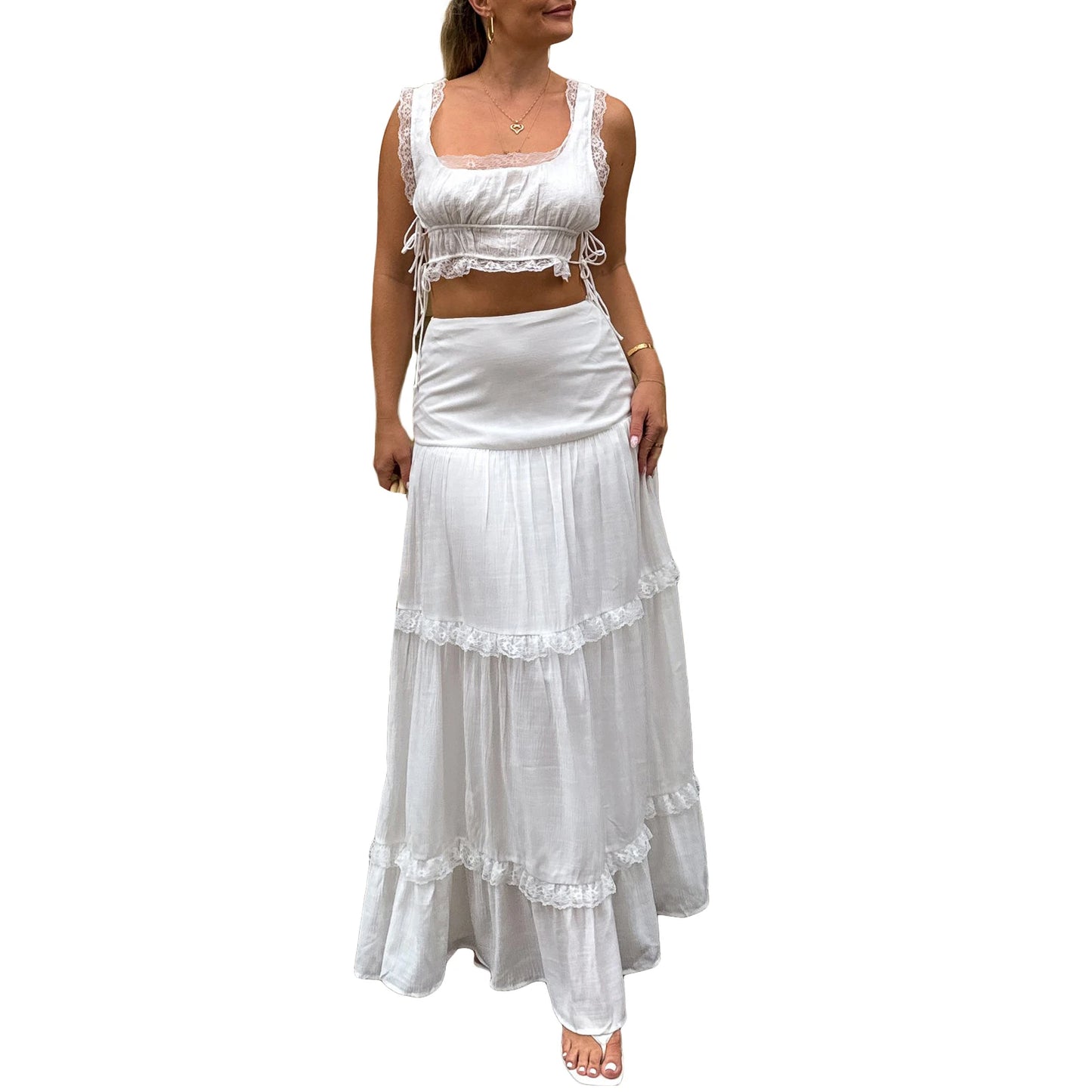 Summer 2Pcs Outfits Lace Trim Sleeveless U-Neck Tank Tops with Long Skirt Set Yellow / M / United States Yellow / S / United States WHITE / S / United States Yellow / M / United States-Yellow / S / United States-WHITE / S / United States-Yellow / L / United States-WHITE / L / United States-WHITE / M / United States-