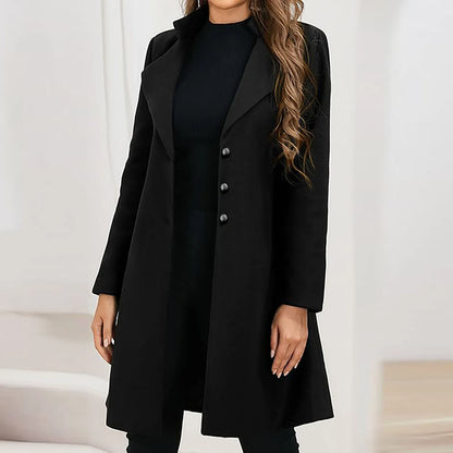 Womens Lapel Trench Coat Winter Wool Blend Mid Long Outwear Fleece Jacket Solid Color Elegant