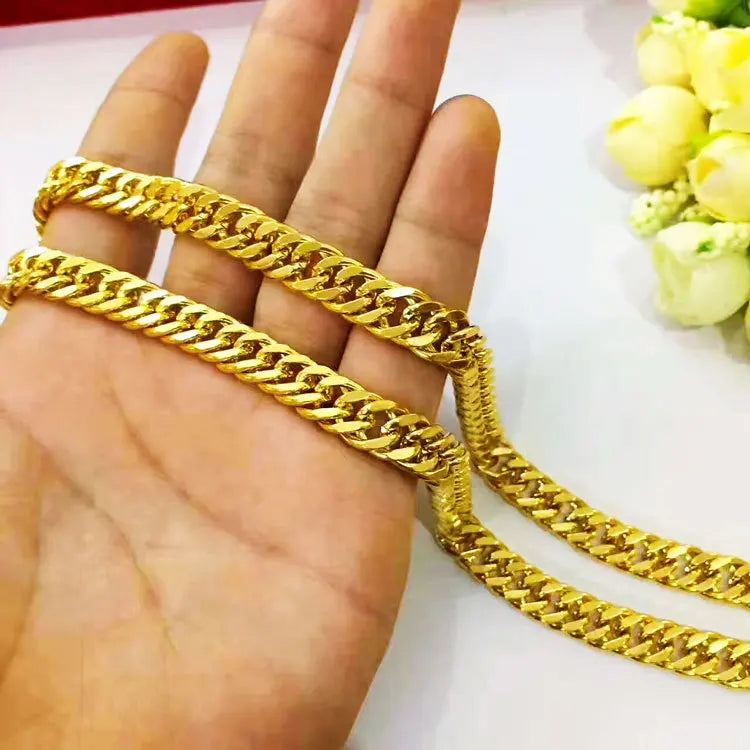 9999 24K real gold jewelry men's necklace snake bone boss chain flat Fu character buckle horse whip necklace