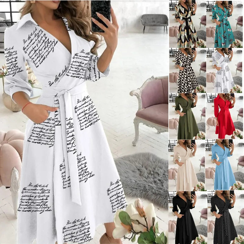 A-Line Wrap Summer Dress Long Sleeve V-Neck Dress Pocket Elegant Midi Party Dress