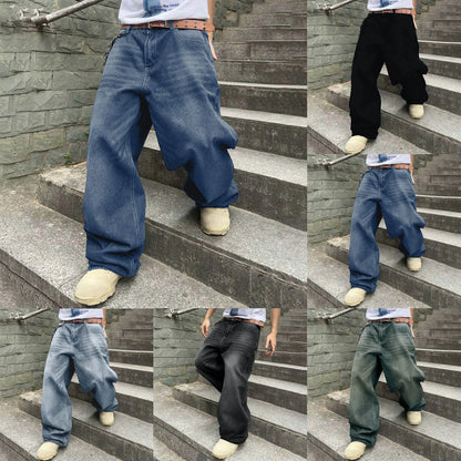 Men'S Baggy Hip Hop Jeans Wide Leg Skater Denim Pants Casual Loose Fit Long Trousers
