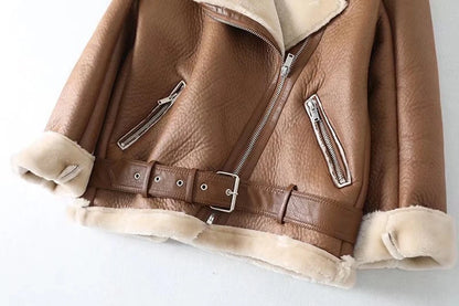 Thick and warm faux leather jacket Coat women's beige long-sleeved belt jacket women 2025 winter fashion new streetwear Tops