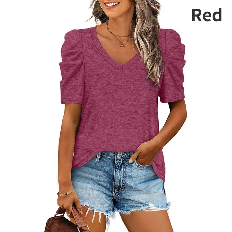 Women's Casual Summer Top Puff Short Sleeve Tee Shirt Cotton Pullover Blouse V-neck Solid Color Loose
