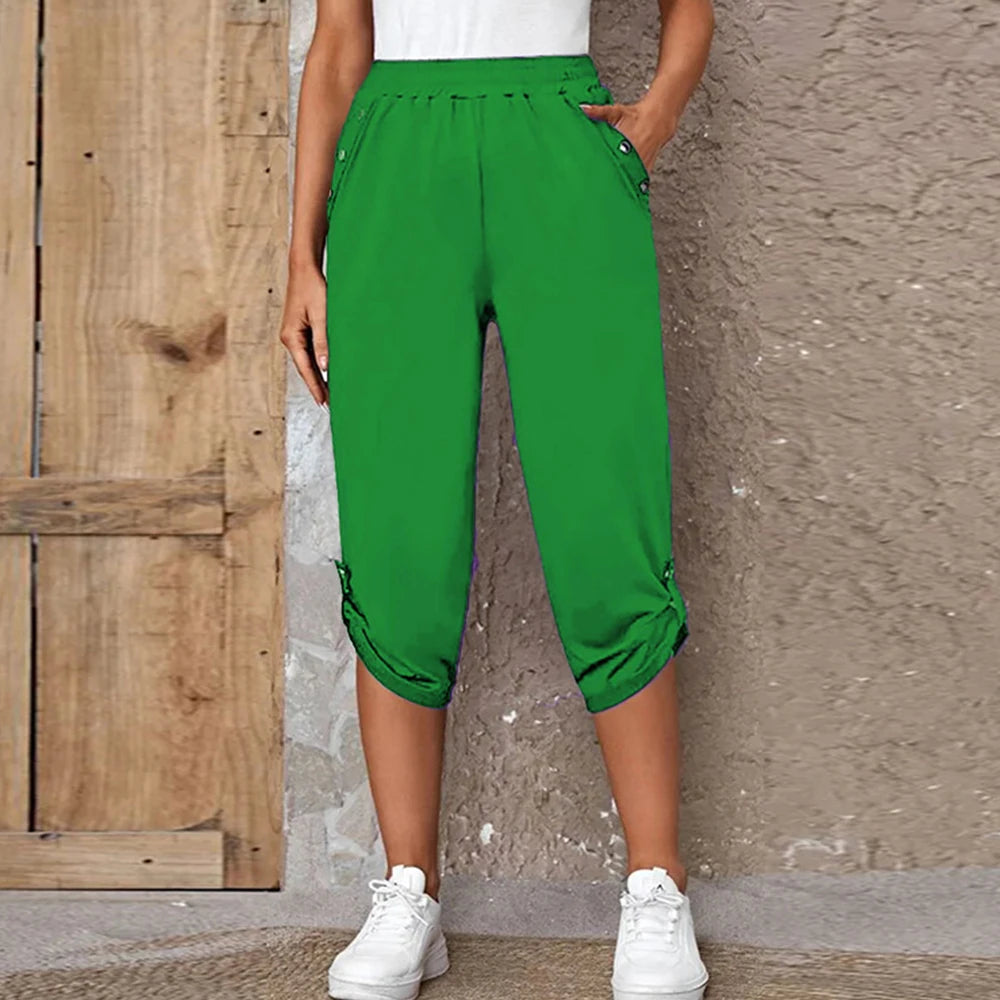 Women Elastic Waist Casual Trousers Bottom Elegant Office Lady Loose Cropped Pants