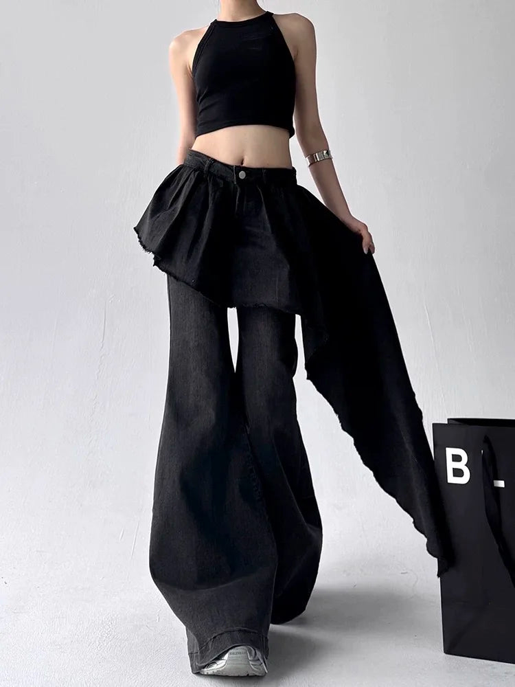 Women's Black Gothic Baggy Jeans Irregular Skirt Y2K Harajuku Streetwear 2000S Style Aesthetics Retro Jeans Pants Clothing 2025