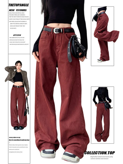 Women Red Jeans Harajuku Y2k Aesthetic Streetwear Baggy Denim Trousers Korean Loose Jean Pants 90s Vintage 2000s Trashy Clothes