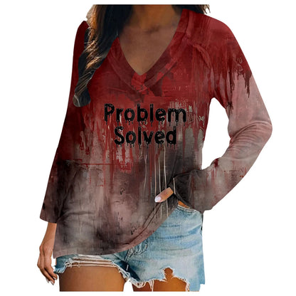 Blood Letter Print Long Sleeve T-Shirt Scary Bloody Stain Patchwork Loose