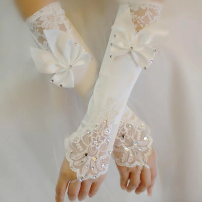 Ivory Satin Bridal Gloves Beads Lace Fingerless Long Ladies Glove Bow Wedding Accessories bride gloves