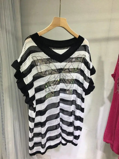 Diamond Oversized Tshirts for Women Knitted Thin Tees Hollow Out V-neck Butterfly Casual Y2k Tops Fashion Ruffles Korean T Shirt