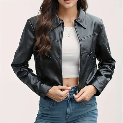 Women Fashion PU Motorcycle Jacket Zipper Pocket Leather Short Jacket