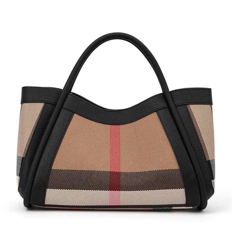checkered women's handbag, large capacity luxury bag, canvas genuine leather bag
