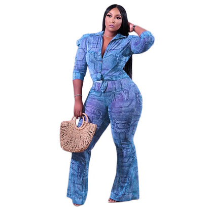 Long Sleeve Stretch Chiffon Print Denim Two Piece Set Plus Size