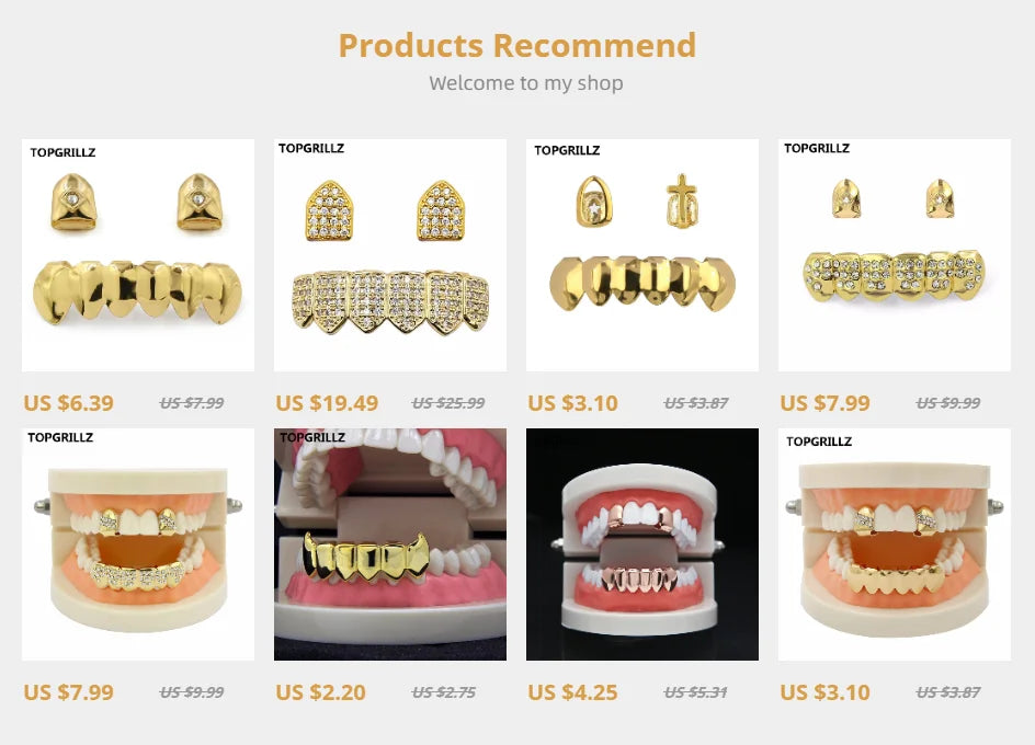 Yellow Gold Color Plated  2 Single Top Teeth Grillz Cap Tooth Grills Two Lines Bottom Hip Hop