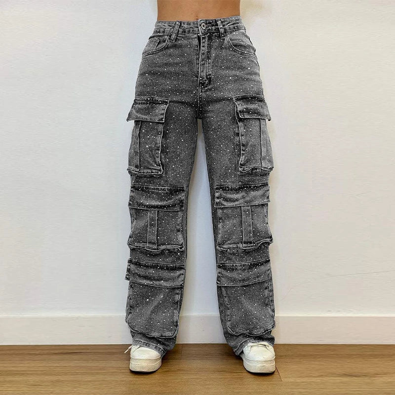 High Waist Cargo Denim Jeans With Full Rhinestones Sparkling Casual Baggy Pants Streetwear Chic Daily Trousers