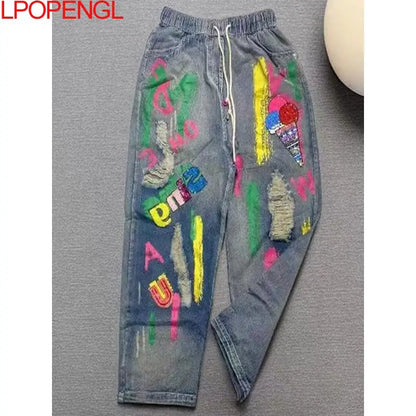 Sequin Letter Elastic Waist Jeans High Waist Denim Graffiti Print Harem Pants as photo / M as photo / L as photo / XL as photo / M-as photo / L-as photo / XL-