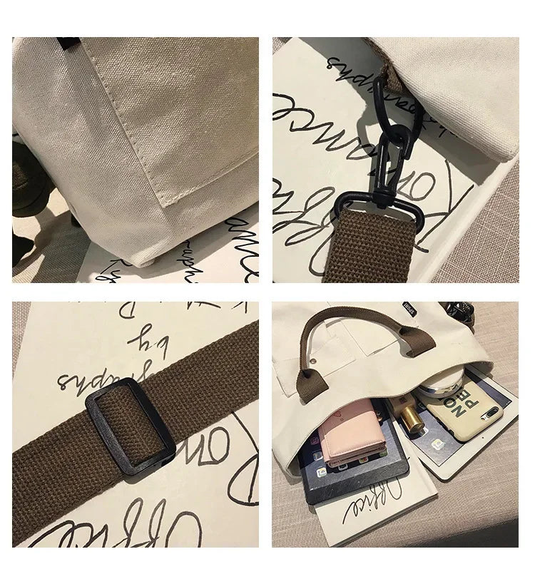 Fashion Canvas Bags Students Handbag Shoulder Bag Large Capacity Solid Color Totes Shopper Bag Casual Female CrossBody 2024
