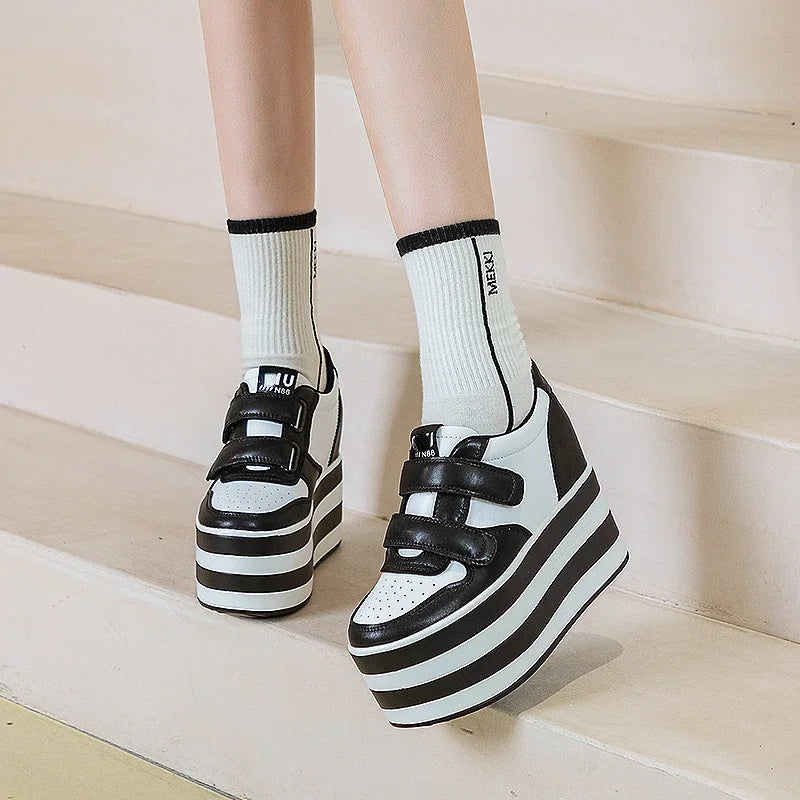 High quality 12cm Synthetic Genuine Leather Boot Ankle Platform Wedge High Brand Chunky Sneaker Shoes
