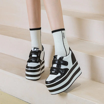 High quality 12cm Synthetic Genuine Leather Boot Ankle Platform Wedge High Brand Chunky Sneaker Shoes