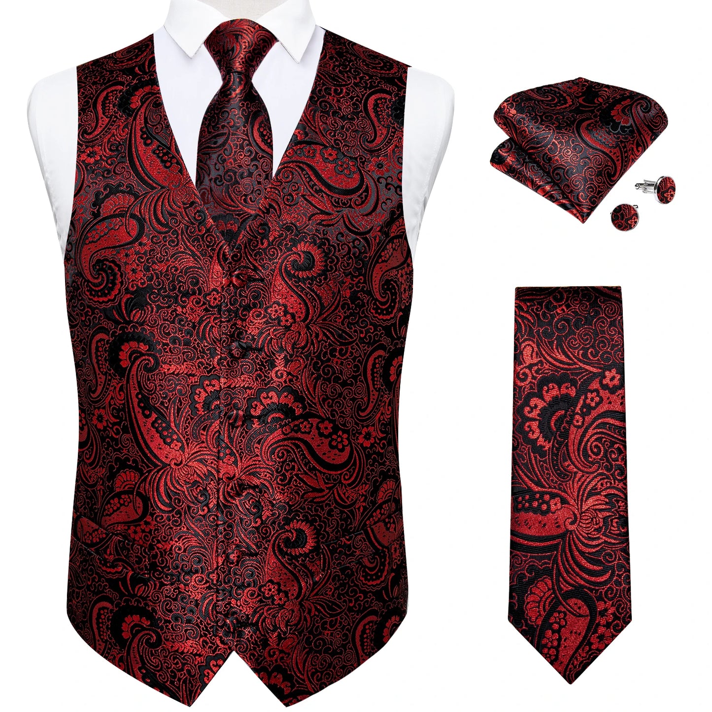 Luxury Paisley Men's Suit Vest Black Pink Red Wedding Prom Tuxedo Waistcoat Necktie Handkerchief Cufflink Sleeveless Jacket Vest