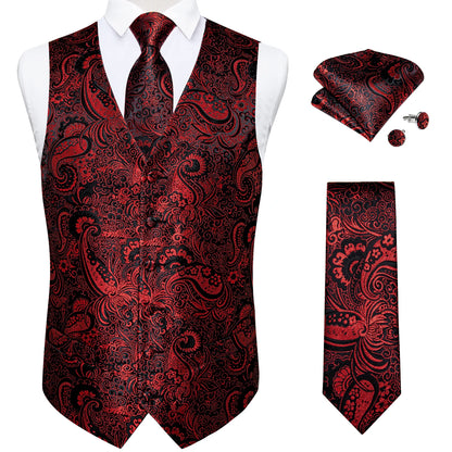 Luxury Paisley Men's Suit Vest Black Pink Red Wedding Prom Tuxedo Waistcoat Necktie Handkerchief Cufflink Sleeveless Jacket Vest