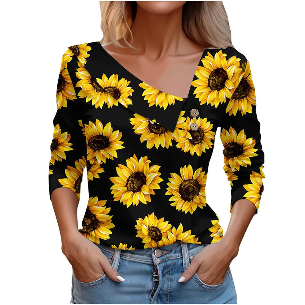 T Shirt For Women Fashion Long Sleeve Top White Floral Print Shirt