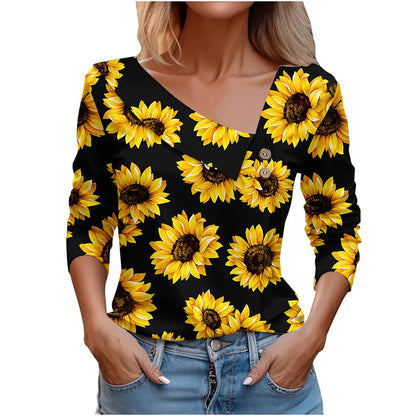 T Shirt For Women Fashion Long Sleeve Top White Floral Print Shirt