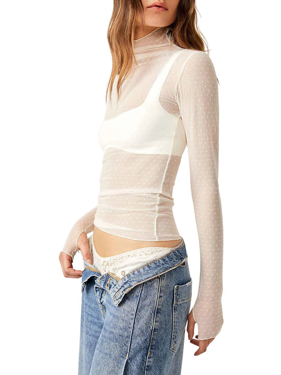 Women Sheer Mesh T-Shirt Mock Neck Long Sleeve Crop Tops Retro See Through Shirt