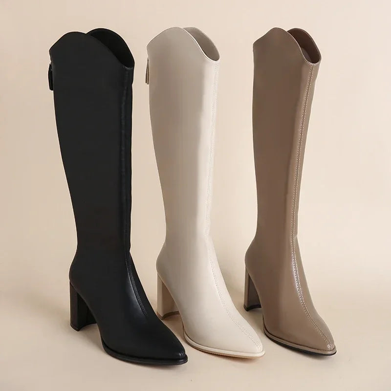 Zipper Thick High Heels Simple Thick High Heels Autumn Winter Boots Knee High
