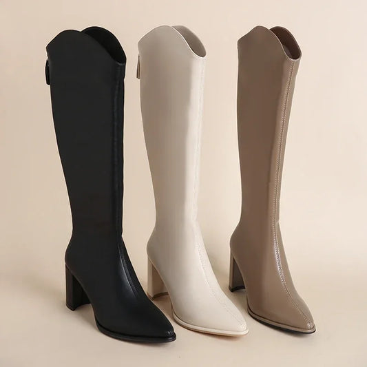 Zipper Thick High Heels Simple Thick High Heels Autumn Winter Boots Knee High