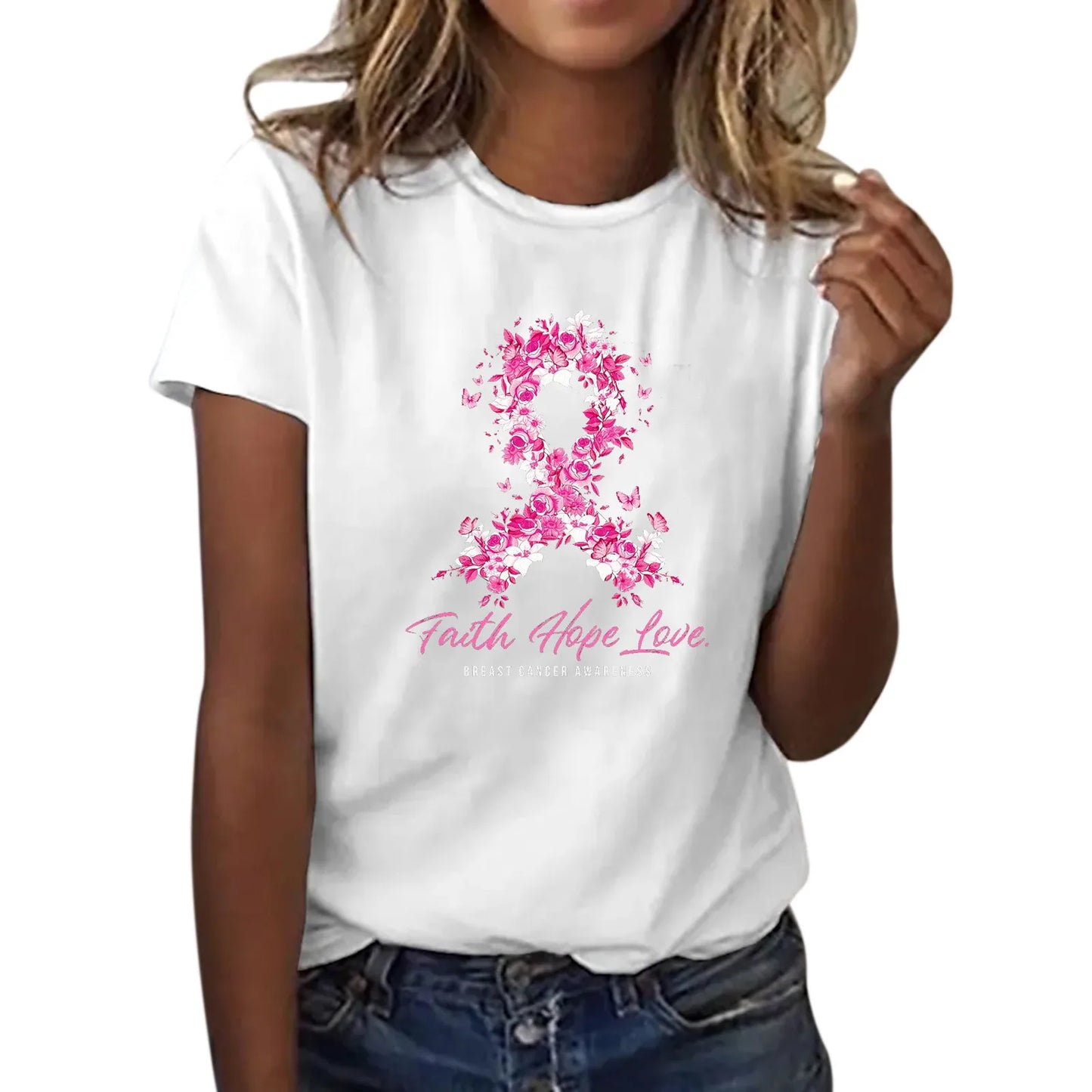 Ribbon Petal Print Pink October T-shirt Breast Cancer Awareness Graphic Short Sleeve