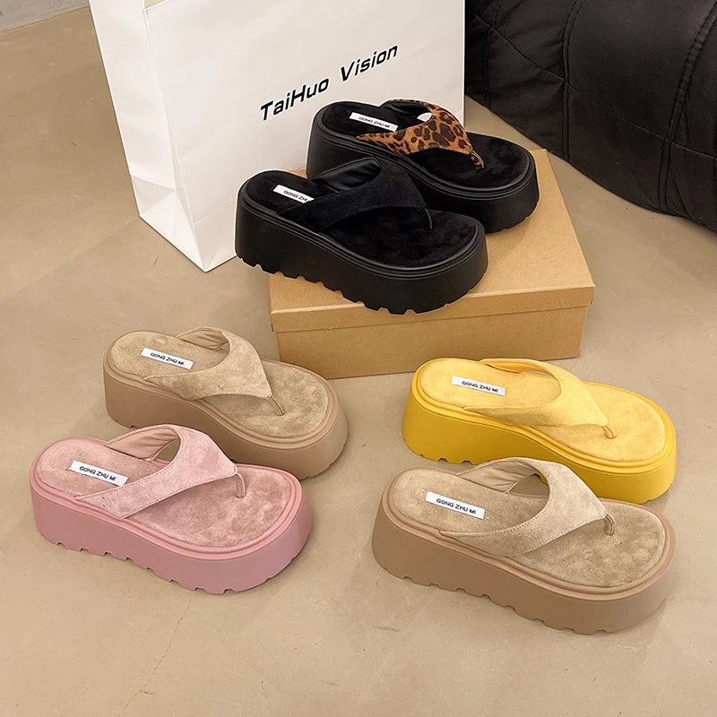 Thick Bottom Flip Flops Outdoor High Waist Seaside Beach Leisure Flip Flops Suede