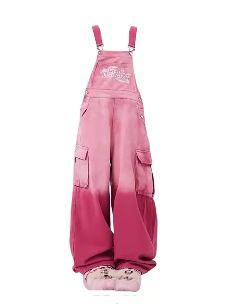 Women's Pink Gradient Jeans Strap Pants Y2K American High Street Harajuku Aesthetics Cute Academy Retro Strap Pants Clothing New