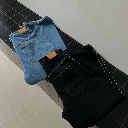 Metal Rivet Wide Leg Jeans Trousers Baggy Low Rise Pockets Denim