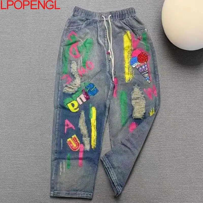 Sequin Letter Elastic Waist Jeans High Waist Denim Graffiti Print Harem Pants as photo / M as photo / L as photo / XL as photo / M-as photo / L-as photo / XL-