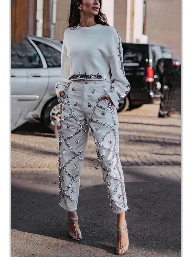 Sequin Decor Straight Leg Denim Jeans High Wait Elegant Casual Pockets Diamond Denim White / L White / XL White / XXL White / L-White / XL-White / XXL-White / XXXL-White / S-White / M-