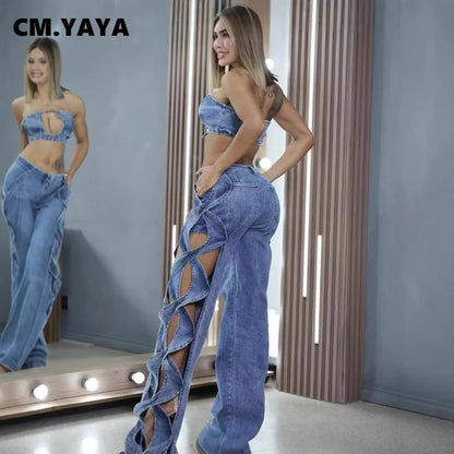 Women Streetwear Cutout Hollow Out Criss Cross Side Wide Leg  Blue Denim Pants