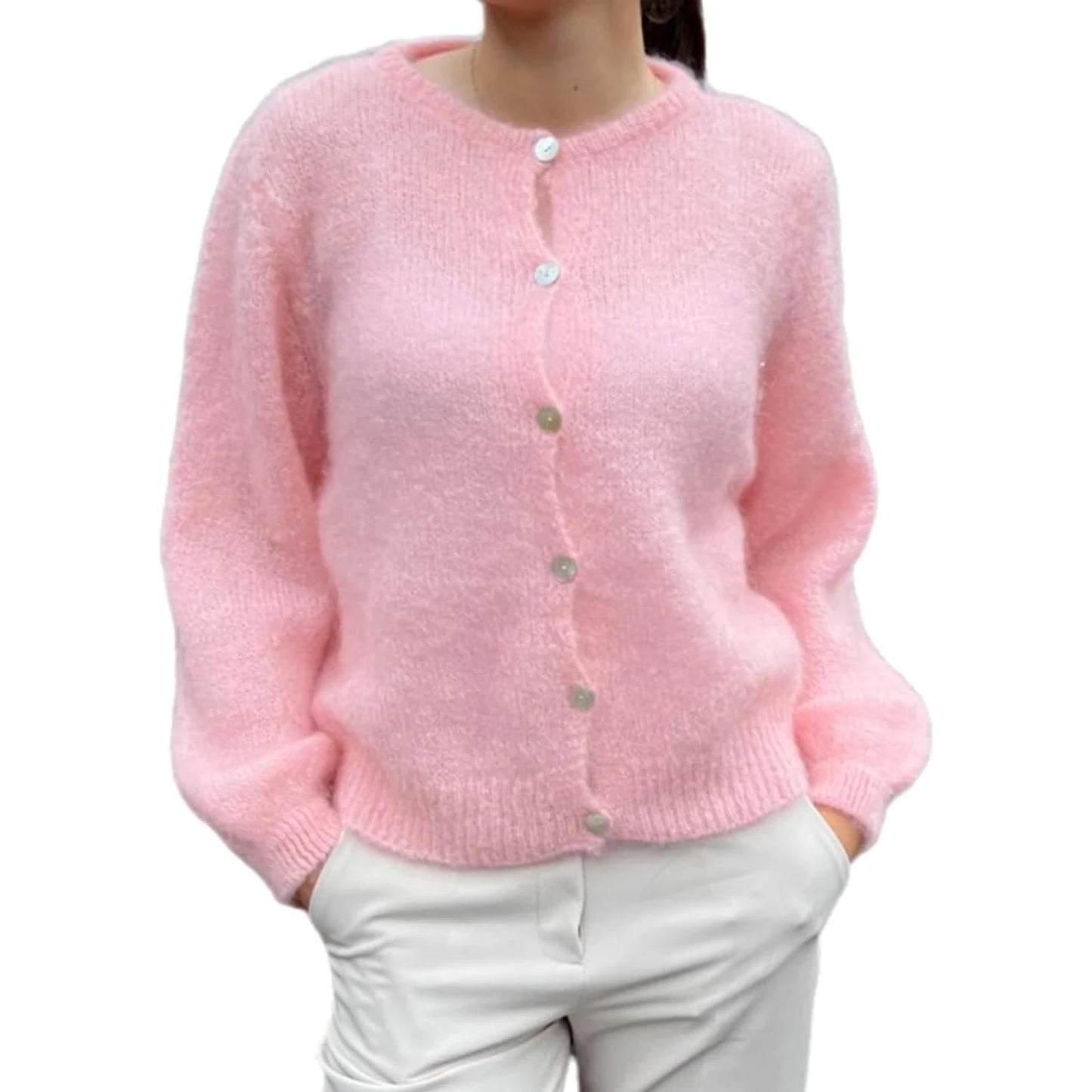 Ladies V-Neck Button Up Cardigan Cozy Lightweight Knit Sweater with Pockets