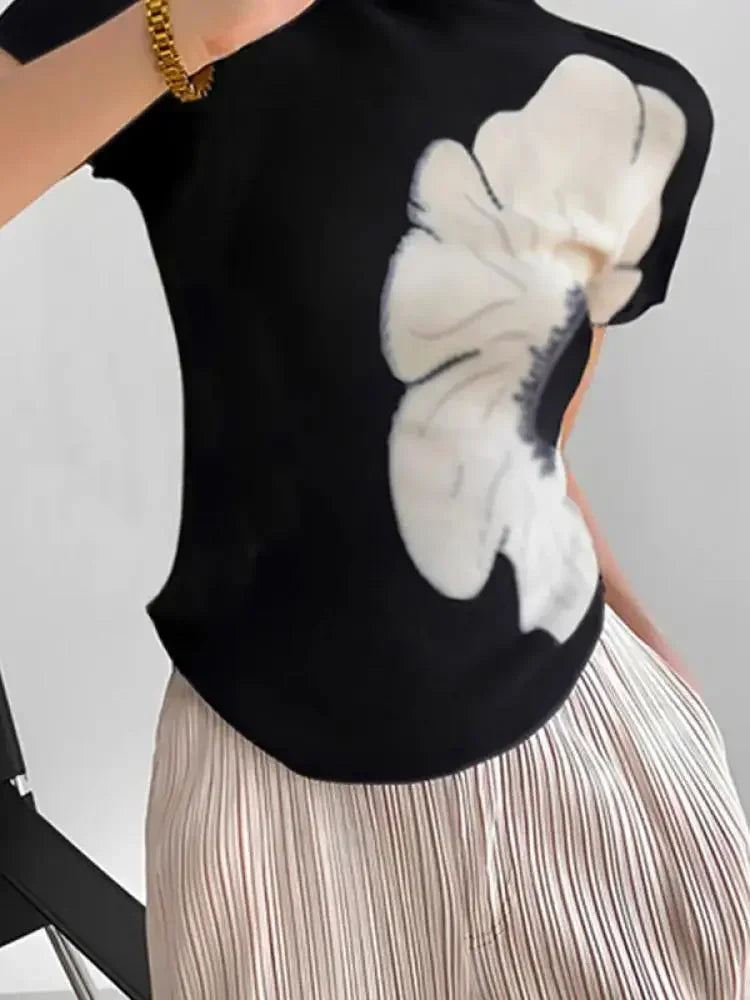 Fashion Flower Printed High Neck Basics Top Short Sleeves Skinny Casual Trendy T-shirts