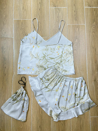 Elegant Floral Print Cami Tops   Ruffle Hem Shorts Pajama Set  Women's Sleepwear