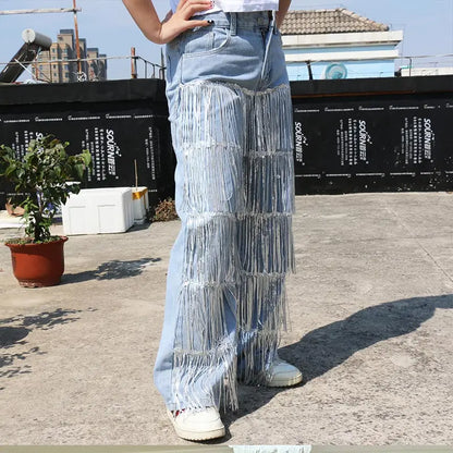 Sparkling Fringes Embellished Wide Leg Jeans Women Trendy Silver Tassel Denim Pants