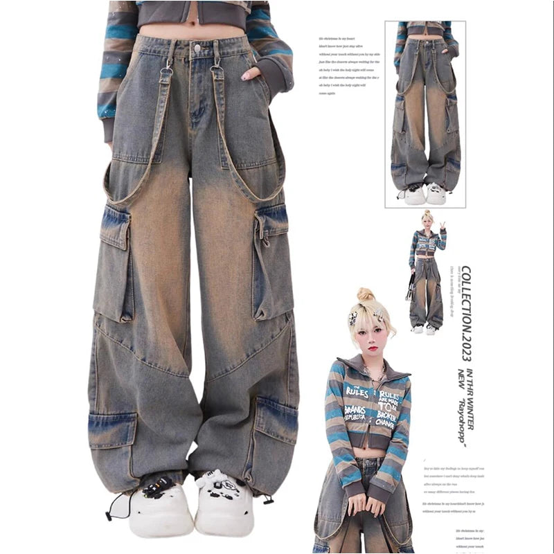 Women Blue Oversize Cargo Jeans Harajuku Vintage Baggy Y2k Denim Trouser 90s Aesthetic Wide Jean Pants 2000s Trashy Clothes 2024
