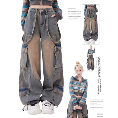 Women Blue Oversize Cargo Jeans Harajuku Vintage Baggy Y2k Denim Trouser 90s Aesthetic Wide Jean Pants 2000s Trashy Clothes 2024
