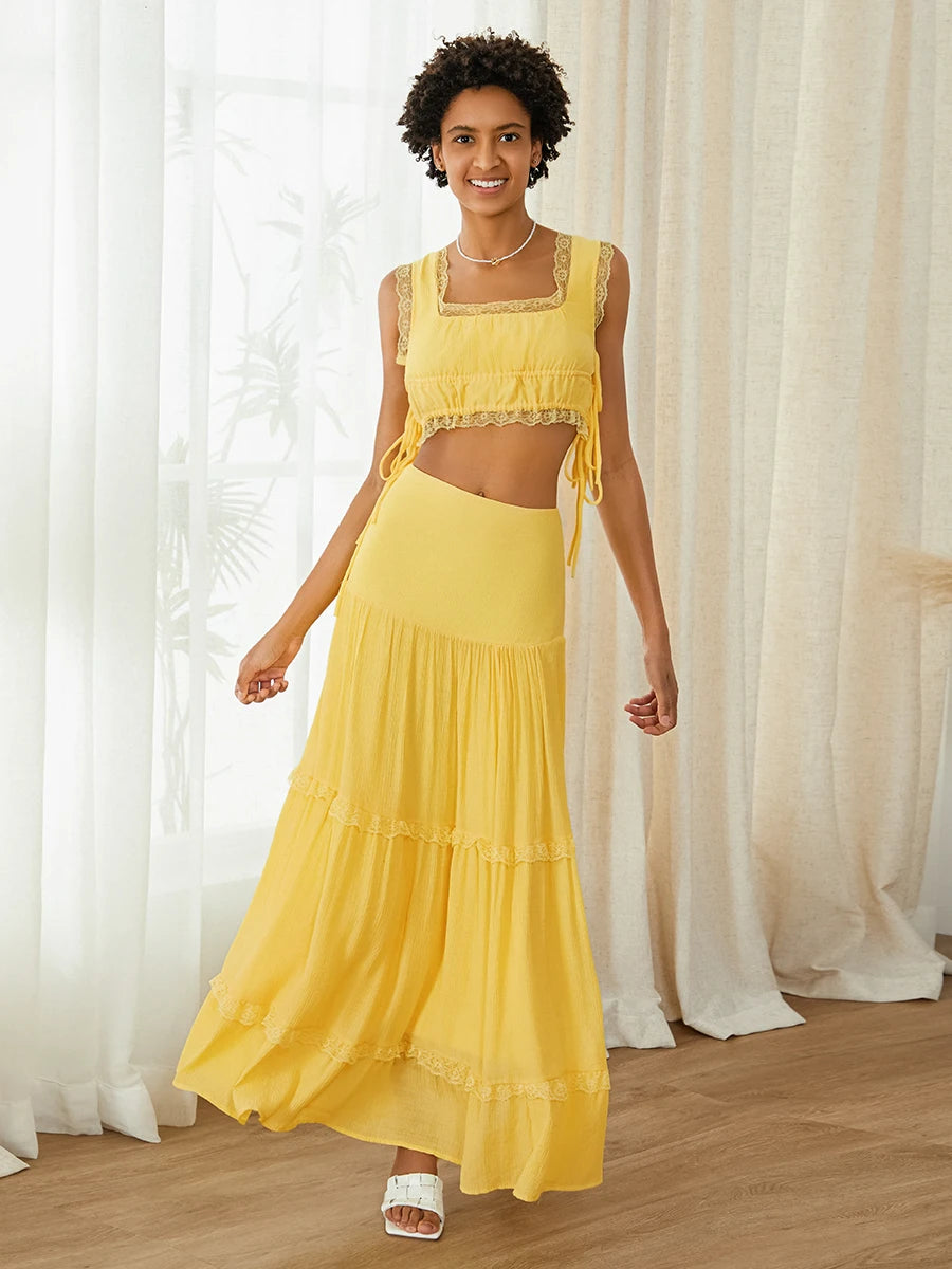 Summer 2Pcs Outfits Lace Trim Sleeveless U-Neck Tank Tops with Long Skirt Set Yellow / M / United States Yellow / S / United States WHITE / S / United States Yellow / M / United States-Yellow / S / United States-WHITE / S / United States-Yellow / L / United States-WHITE / L / United States-WHITE / M / United States-