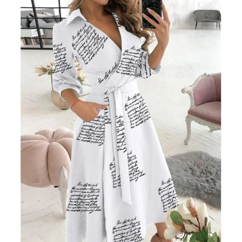 A-Line Wrap Summer Dress Long Sleeve V-Neck Dress Pocket Elegant Midi Party Dress