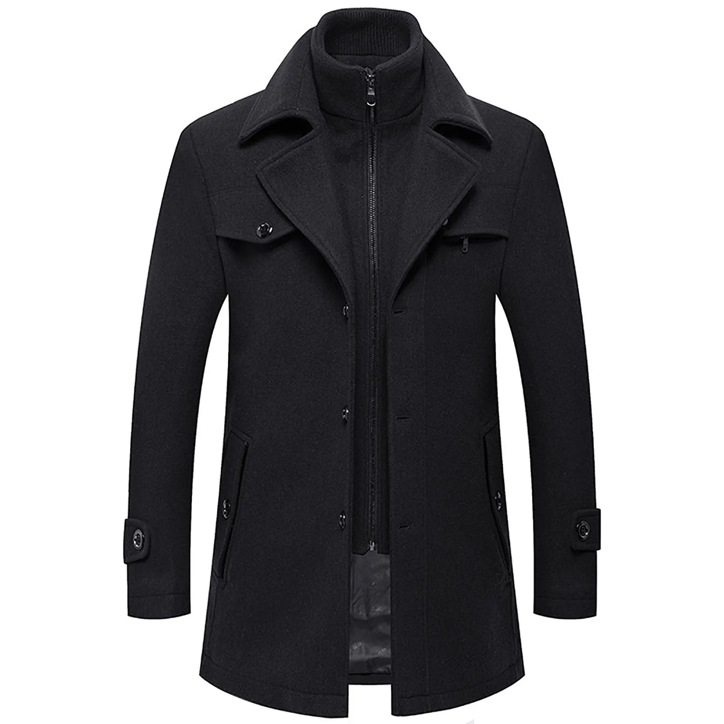 Men's Winter Woolen Overcoat Solid Color Detachable Double Collar Zipper Single-Breasted