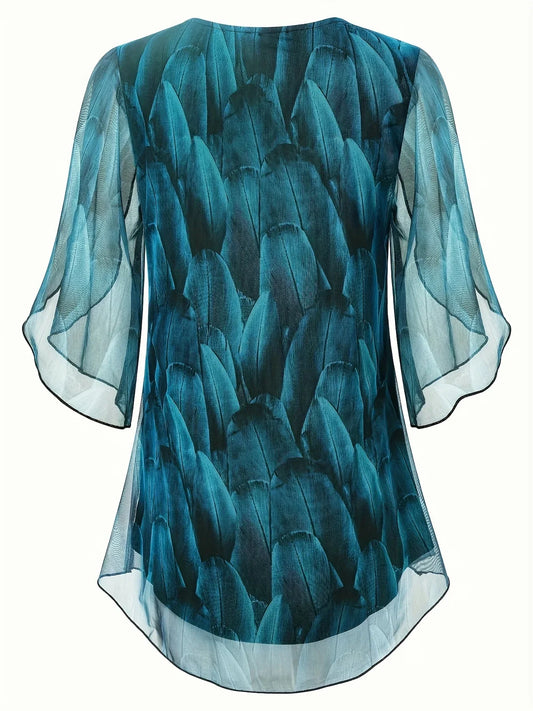 Loose Elegant Print Blouse Shirts Ladies Casual O-Neck Half Sleeve  Boho Blouse Shirt Top