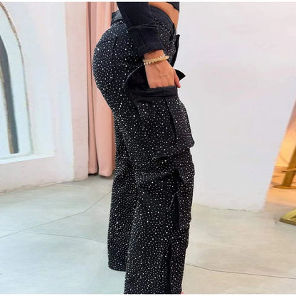 High Waist Cargo Denim Jeans With Full Rhinestones Sparkling Casual Baggy Pants Streetwear Chic Daily Trousers