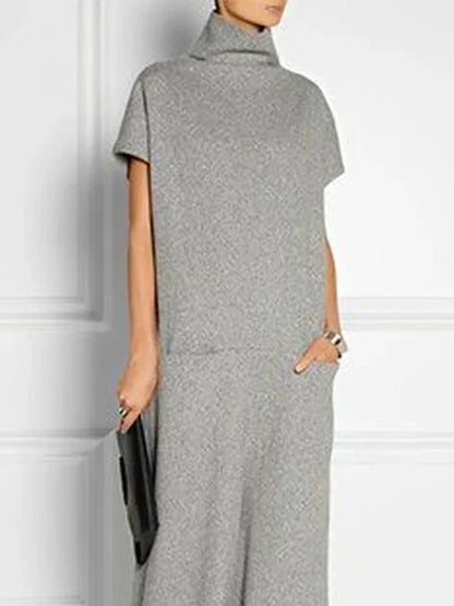 High Neck Casual Dress Short Sleeves Solid Color Loose Office Lady Maxi Dresses